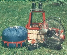 A model balloonist's equipment: envelope, basket, remote control unit and ventilator